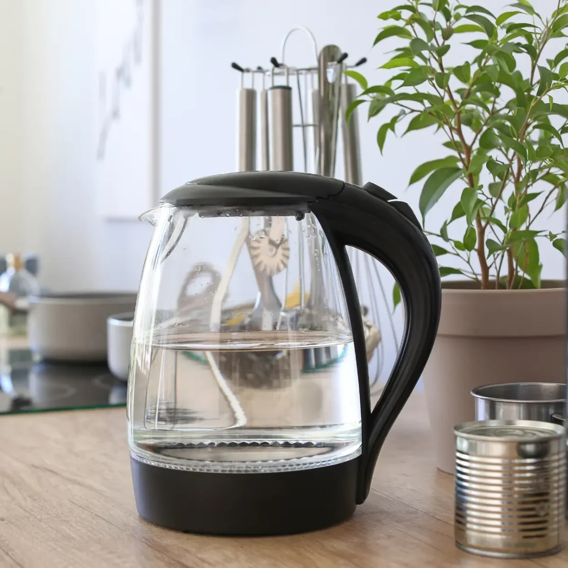 a glass coffee pot filled with water on a table
