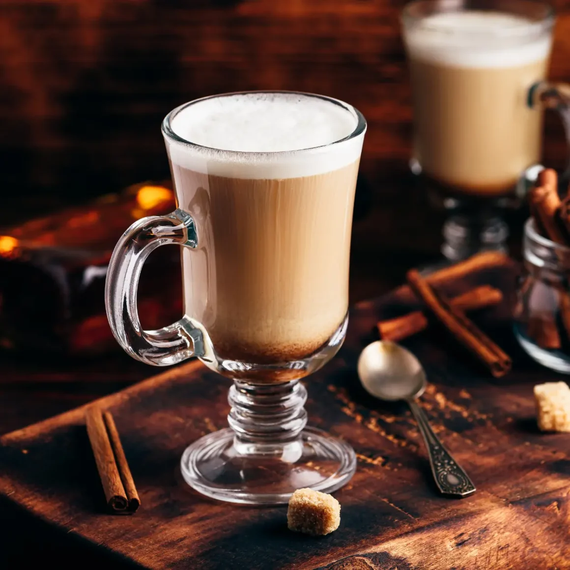 a glass mug with an espresso on a wooden surface