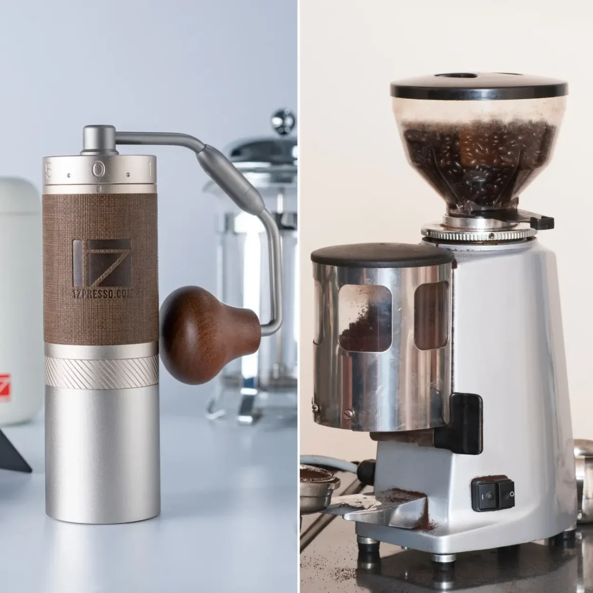 a comparison of a manual and an electric burr coffee grinder