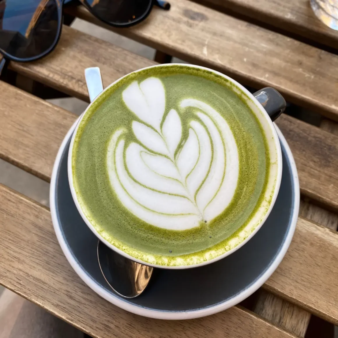 a cup of green latte with a leaf design on top