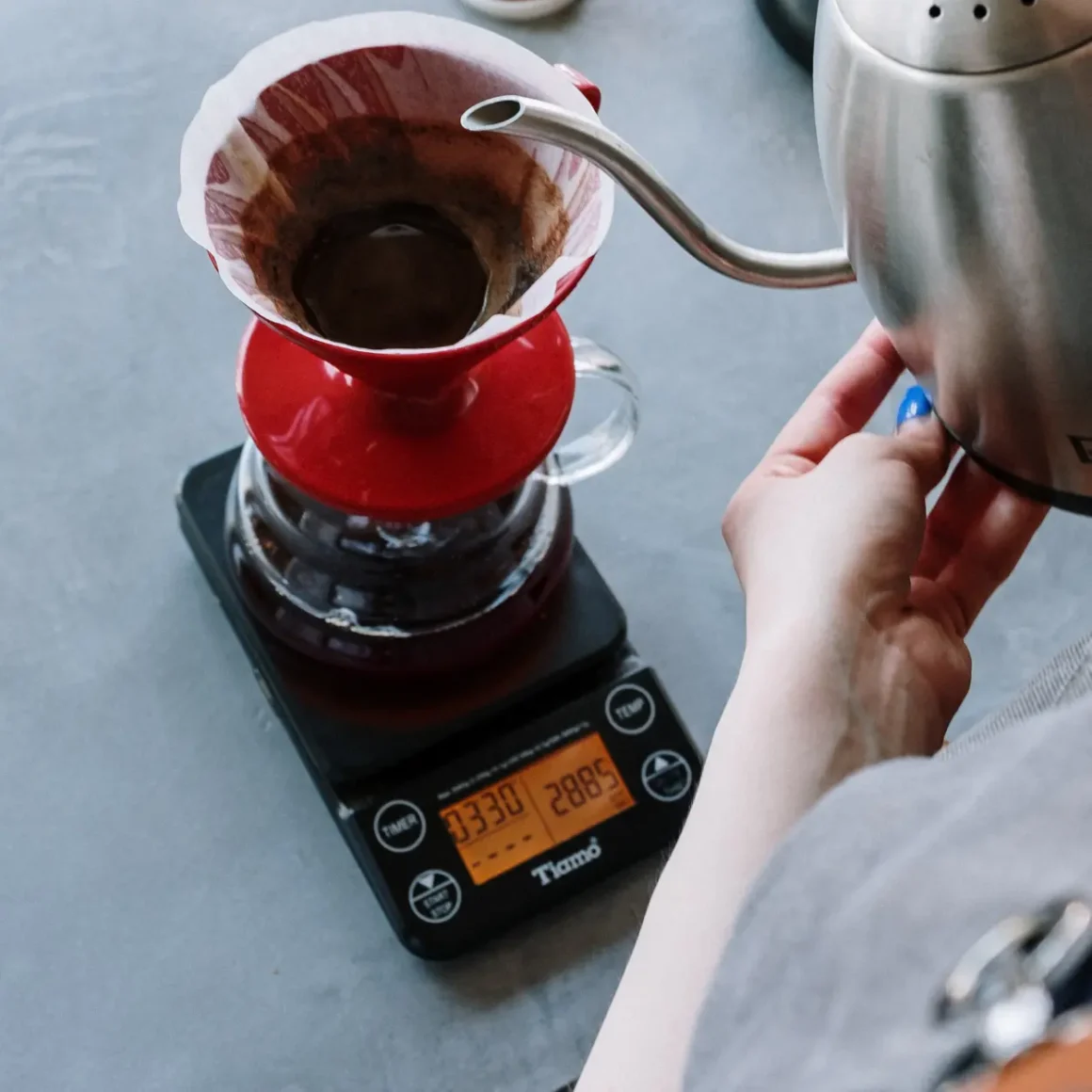 pour over coffee maker on a scale