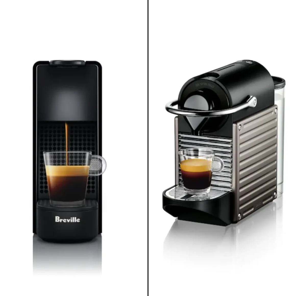 a mini and a pixie nespresso essenza espresso machine by breville