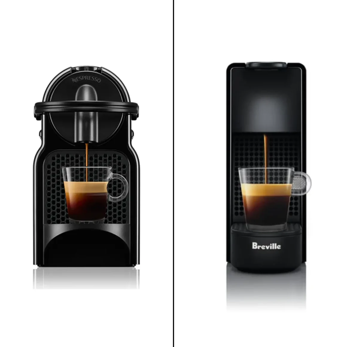 a nespresso inissia and a nespresso essenza mini espresso machine with a cup of coffee