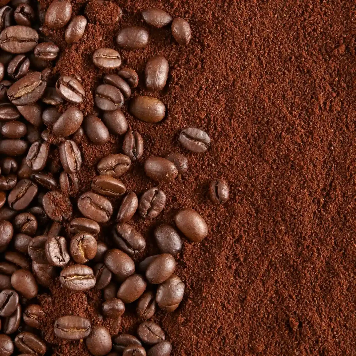 coffee beans and ground coffee on a surface