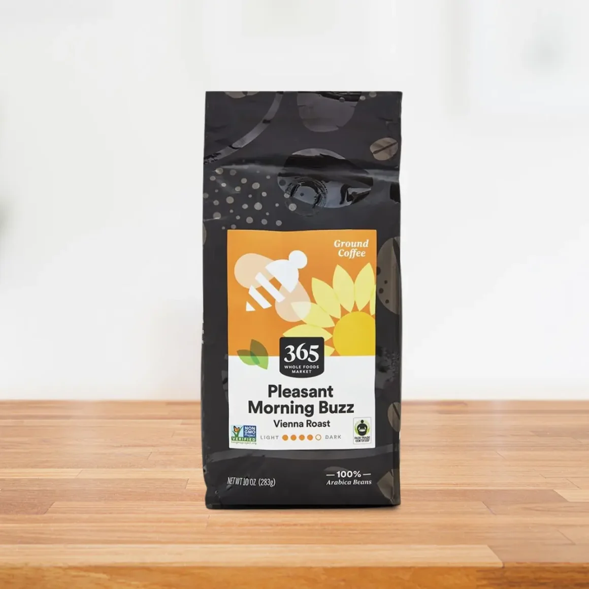 a bag of pleasant morning buzz vienna roast ground coffee on a table