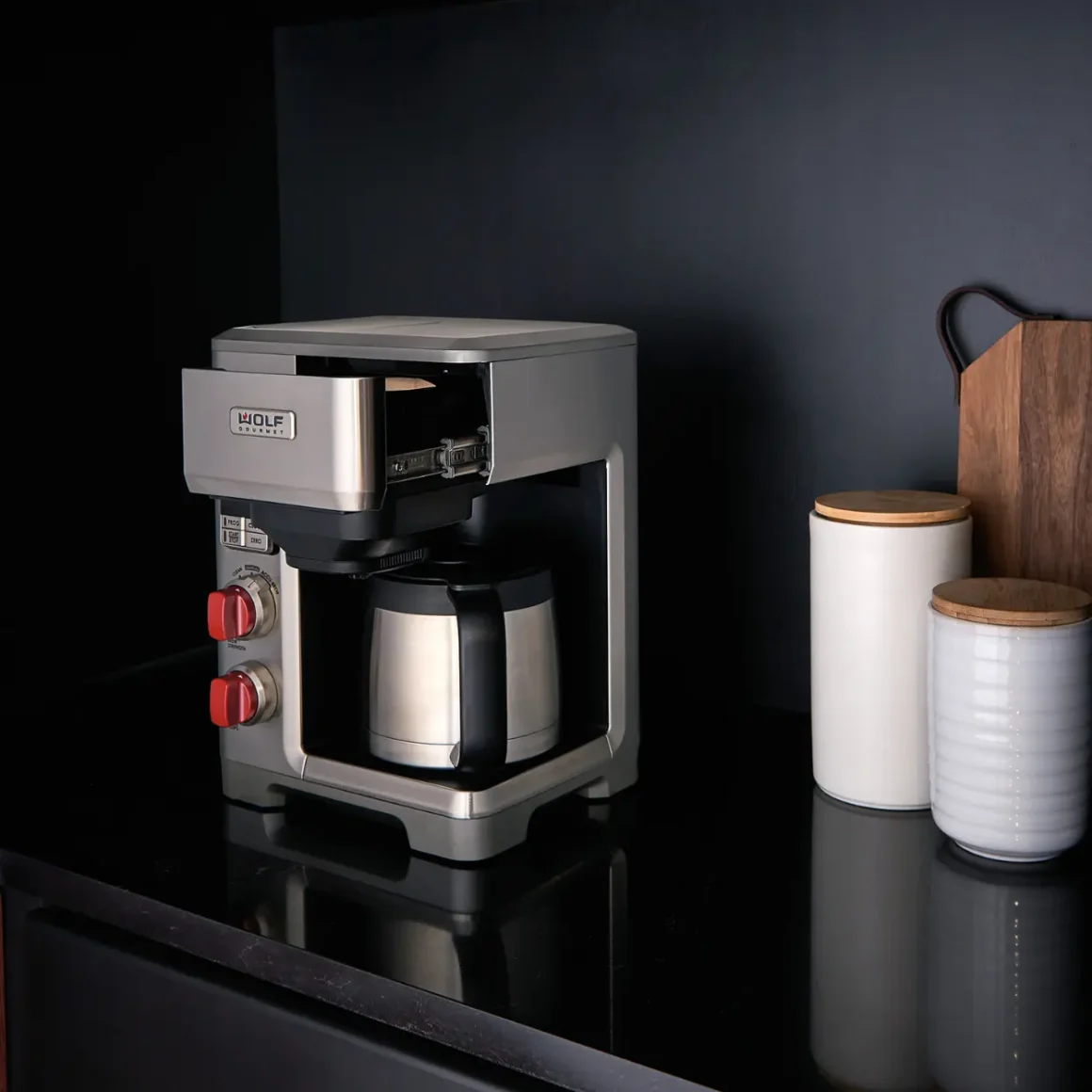 a wolf gourmet 10 cup coffee maker on a kitchen counter