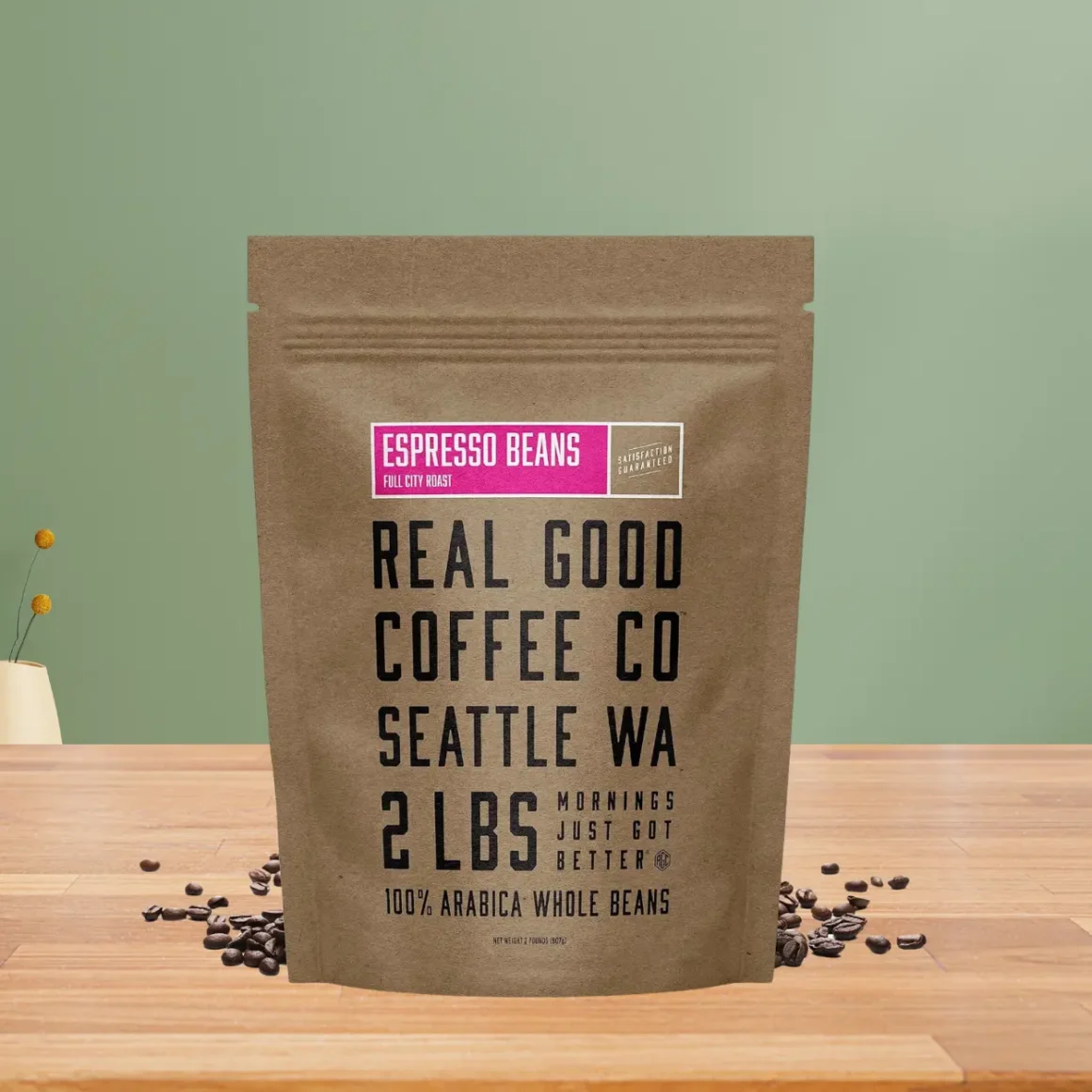a brown bag of real good coffee company full city roast espresso coffee beans