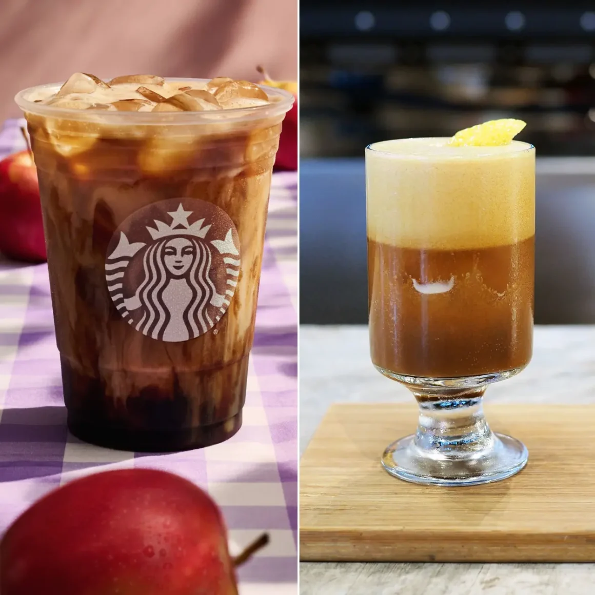 a collage of a cup of shaken espresso and shakerato