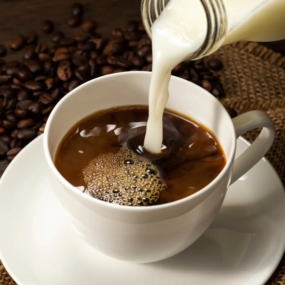 buttermilk being poured into a cup of coffee