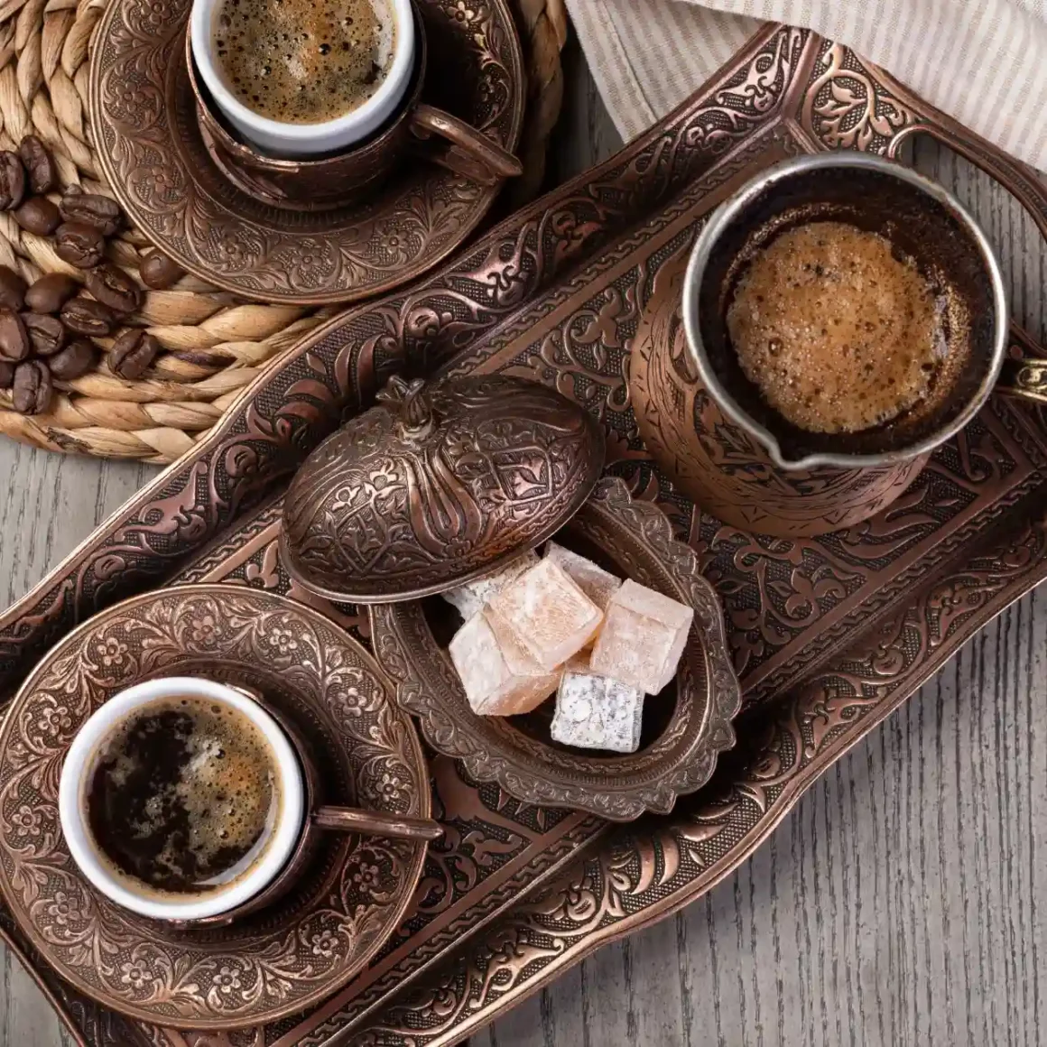 a tray with turkish coffee cups