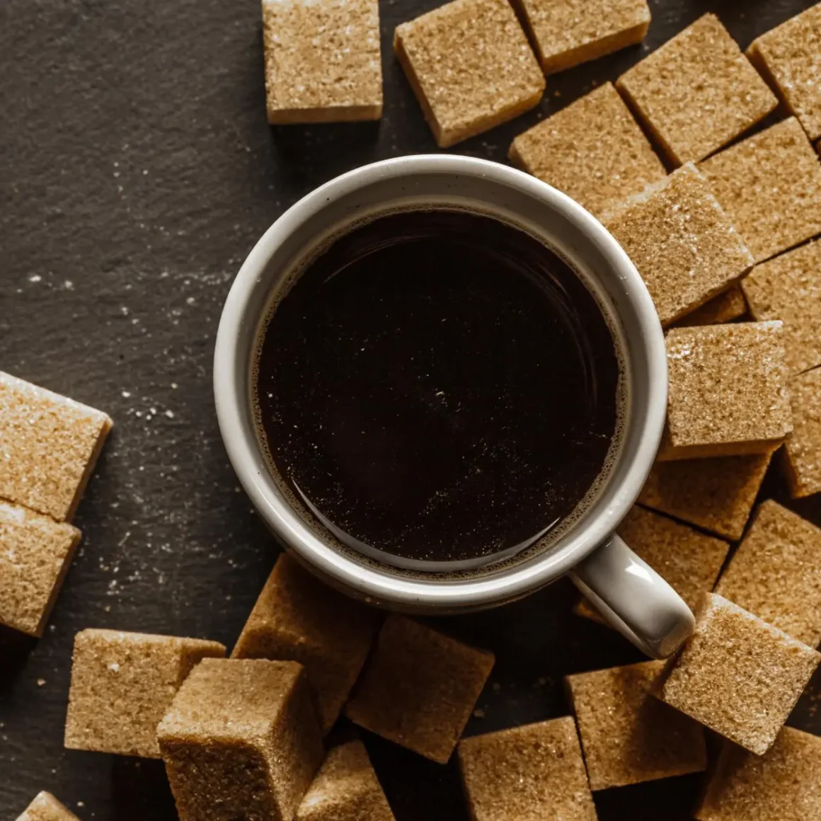 a cup of coffee surrounded by brown sugar cubes
