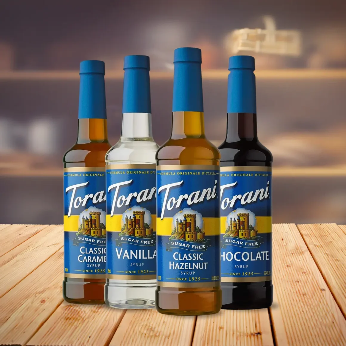 a group of bottles of torani sugar free coffee syrups