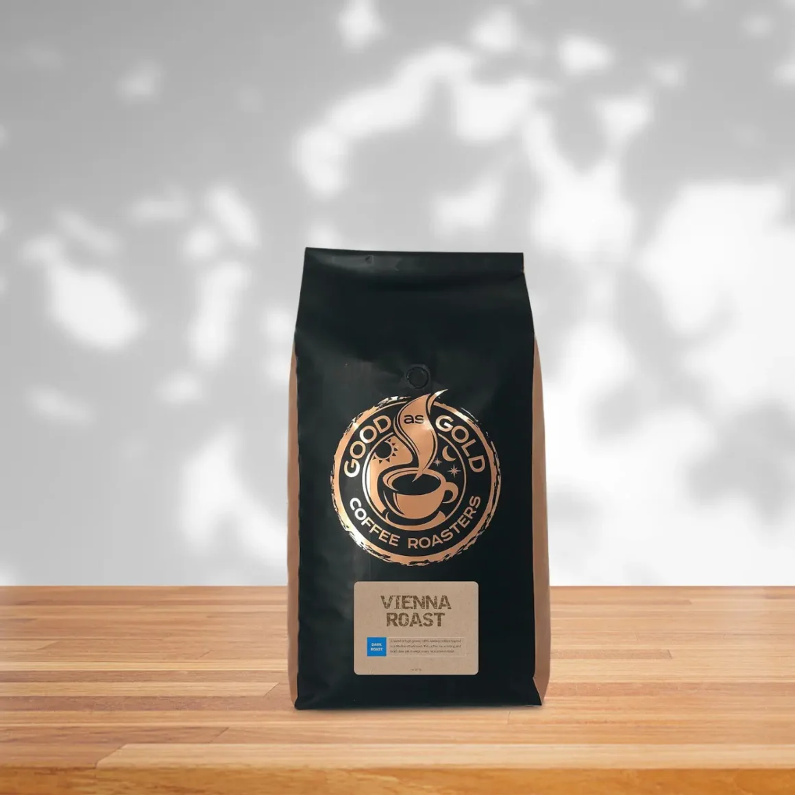 a bag of vienna roast coffee - good as gold coffee roasters on a table