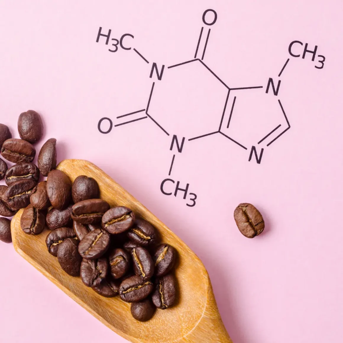 a wooden spoon with coffee beans and a chemical formula