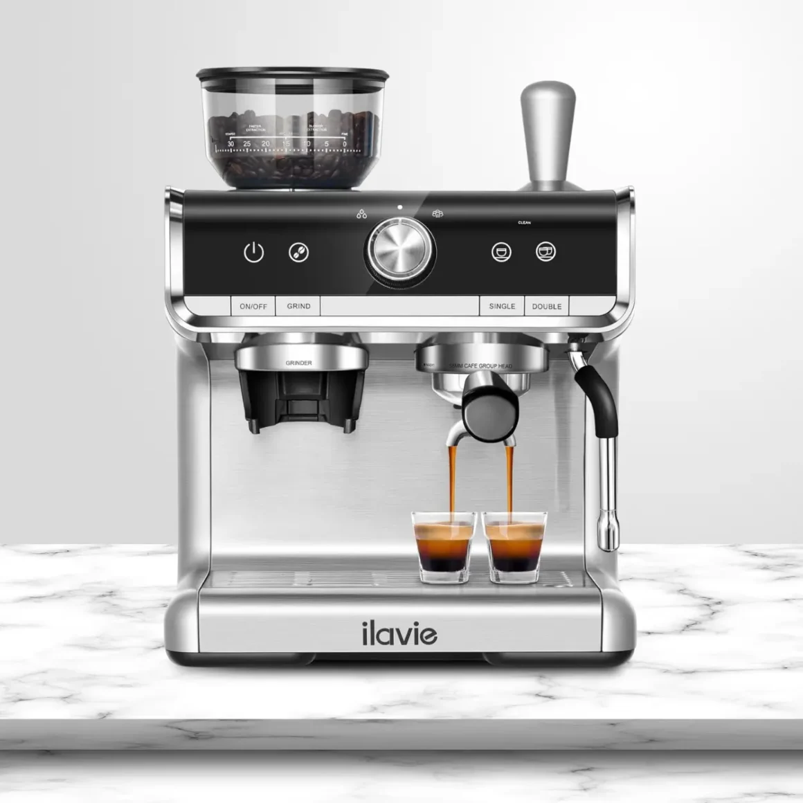 ILAVIE espresso machine with grinder pouring coffee into two cups