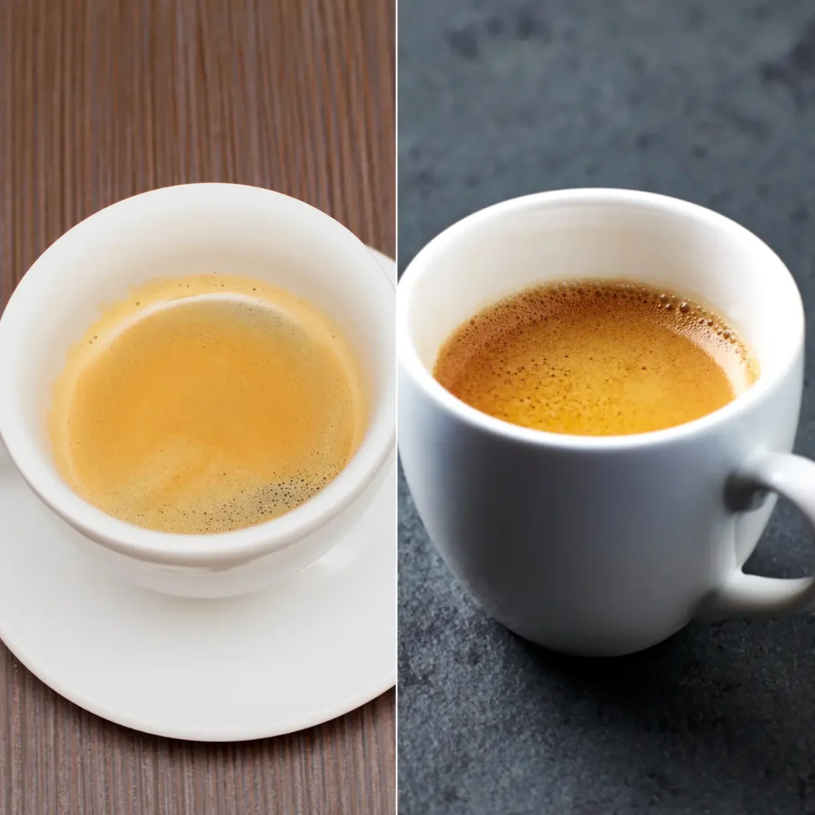 a collage of a cup of blonde espresso and regular espresso