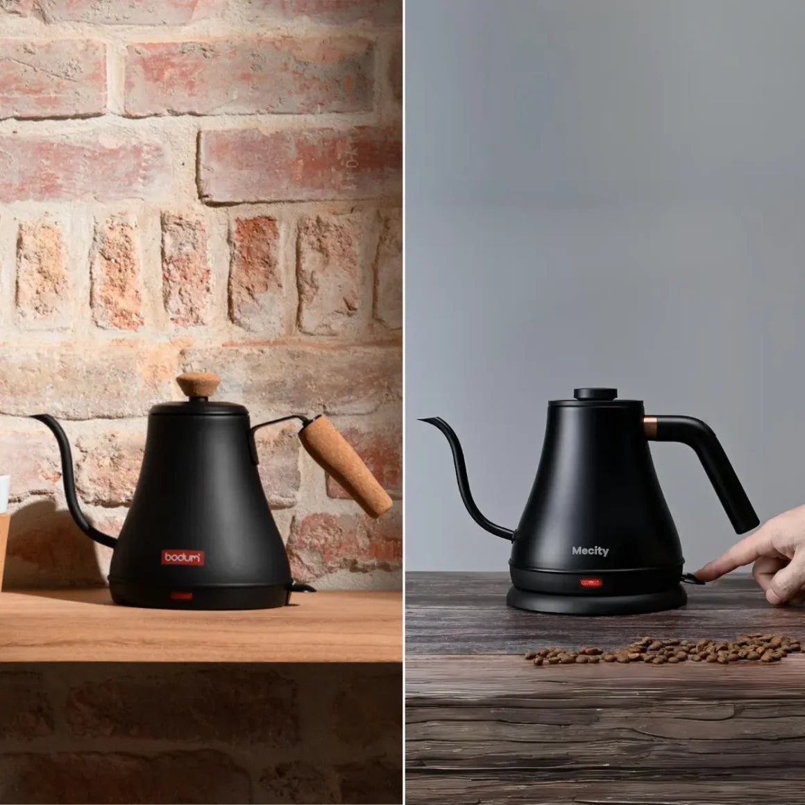 a bodum melior gooseneck water kettle and a mecity electric kettle