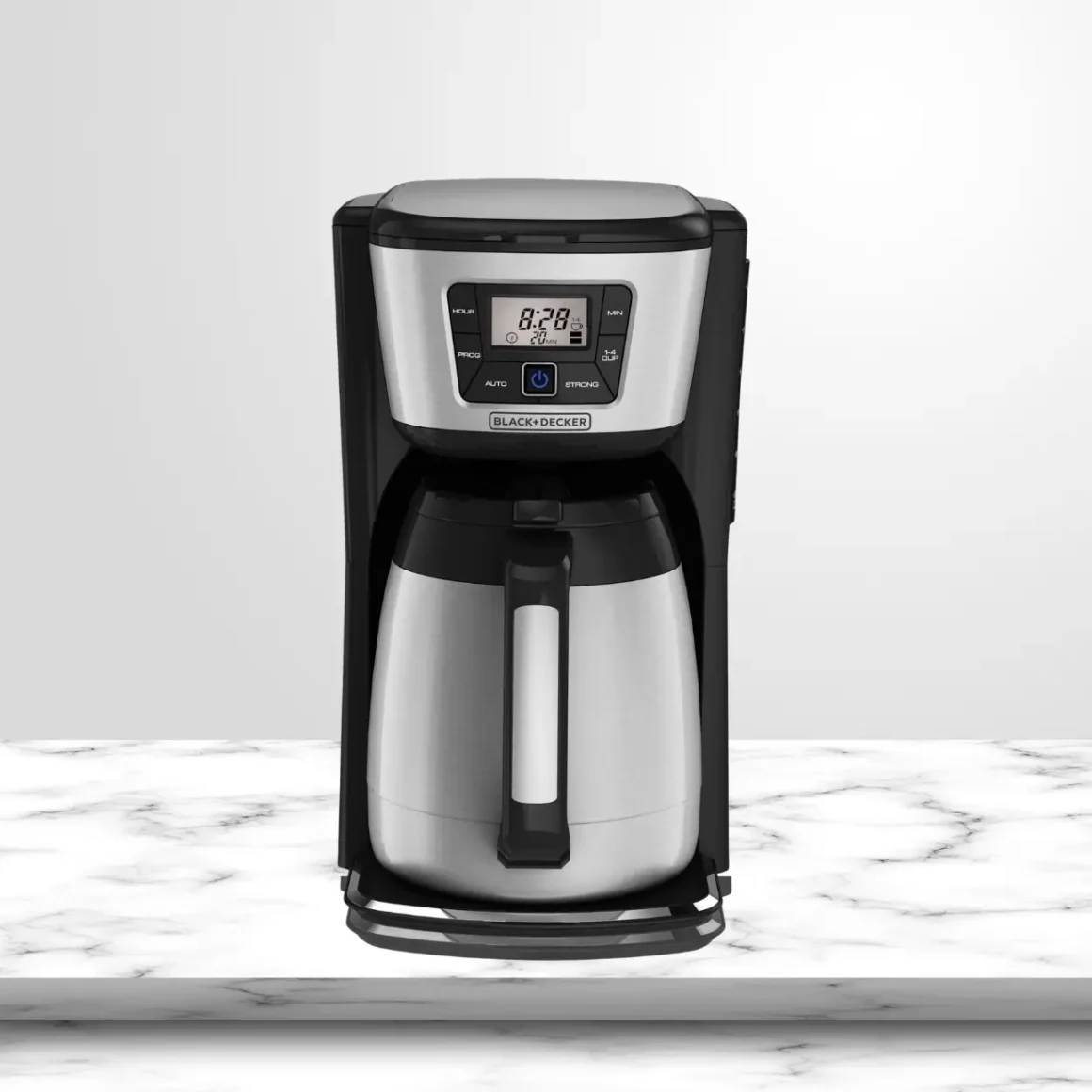a blackdecke 12 cup thermal programmable coffee maker on a counter