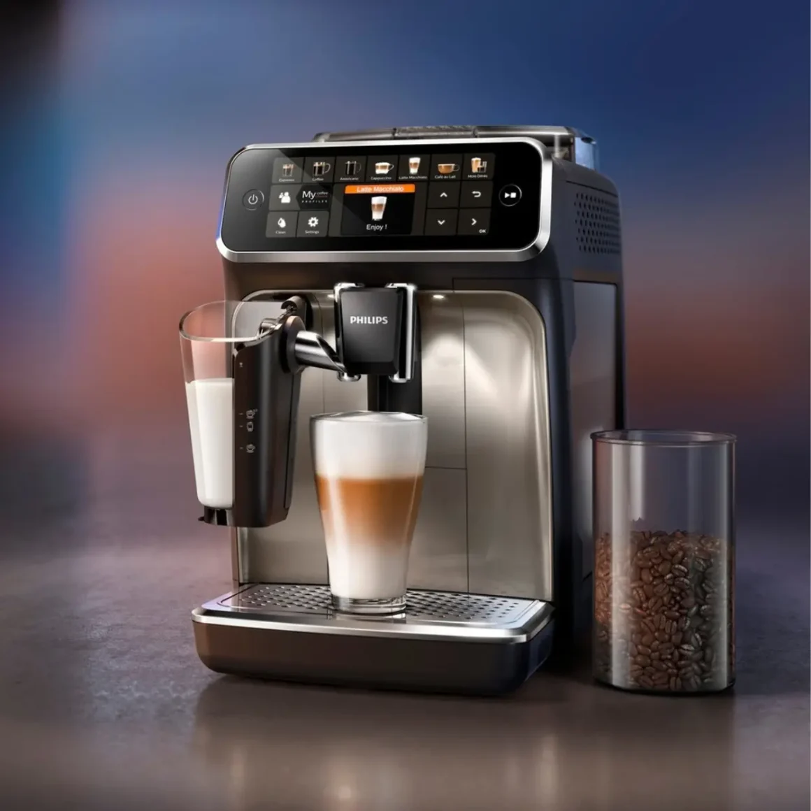 a philips 5400 coffee machine with two cups of milk