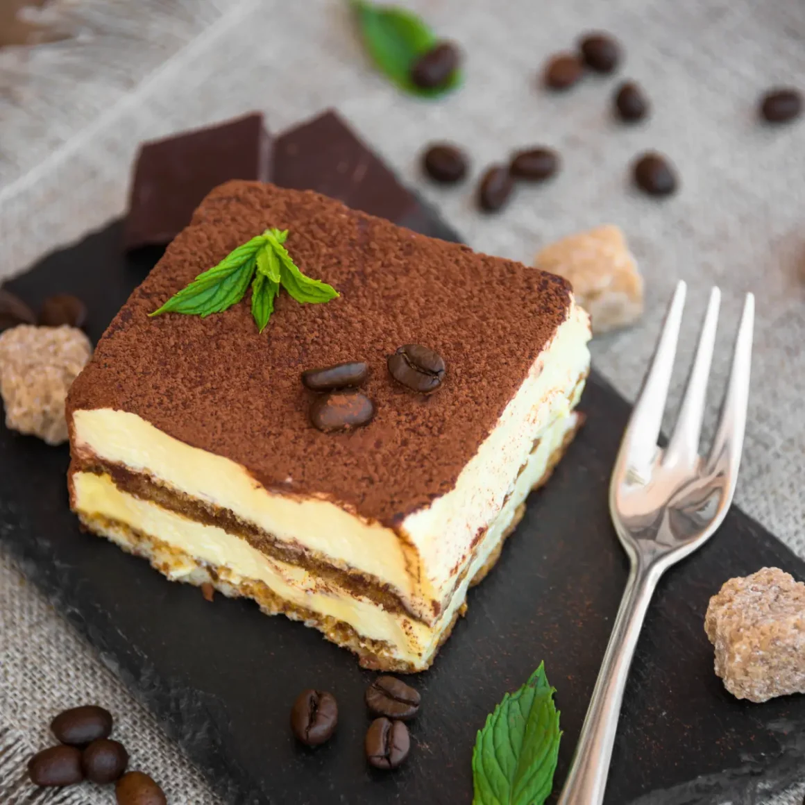 a piece of cake with a fork and coffee beans