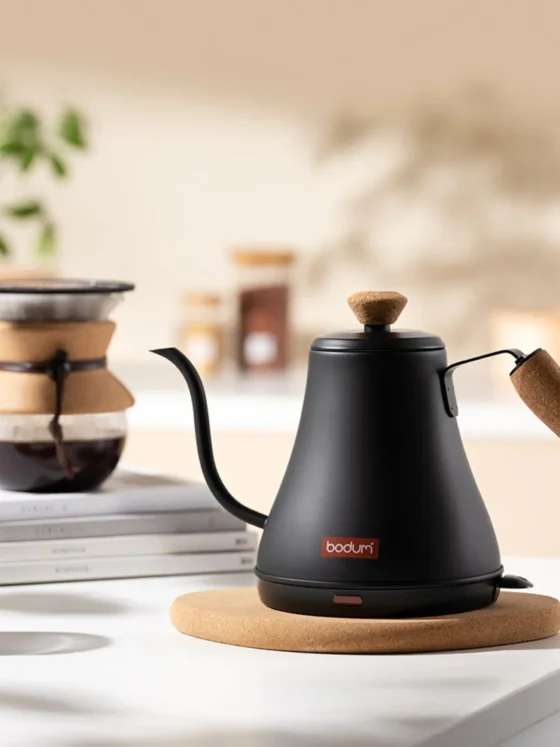 a black bodum melior gooseneck water kettle on a white surface