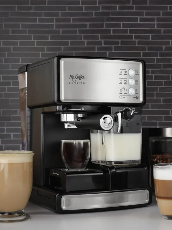 a mr. coffee cafe barista espresso machine and cups of coffee