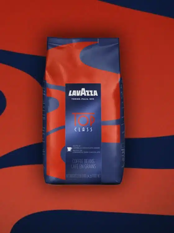a bag of lavazza top class coffee on a red and blue background