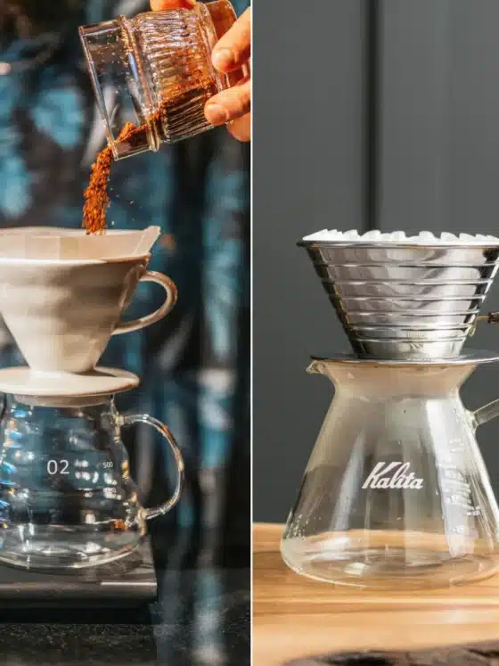 a collage of hario v60 and a kalita wave pour-over coffee maker