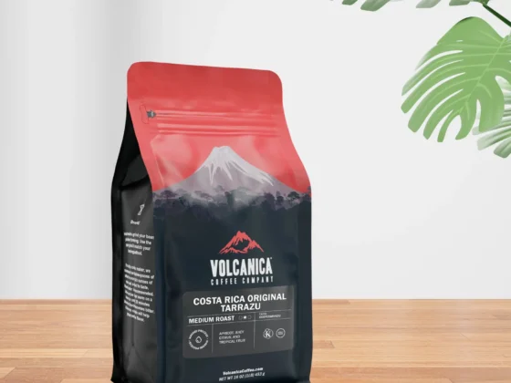 a bag of volcanica single origin tarrazú costa rican estate coffee on a table