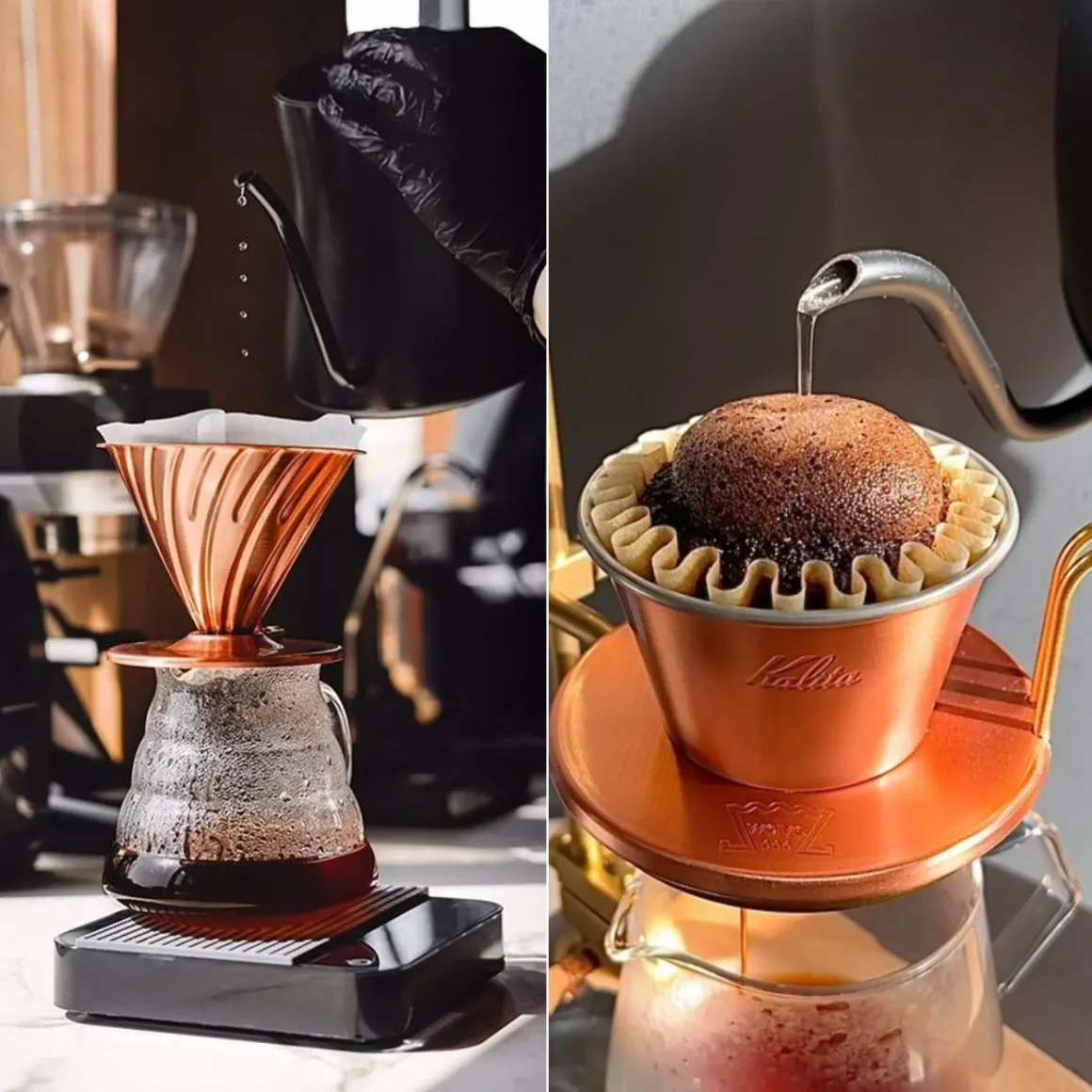 a collage of hario v60 and a kalita wave pour-over coffee maker