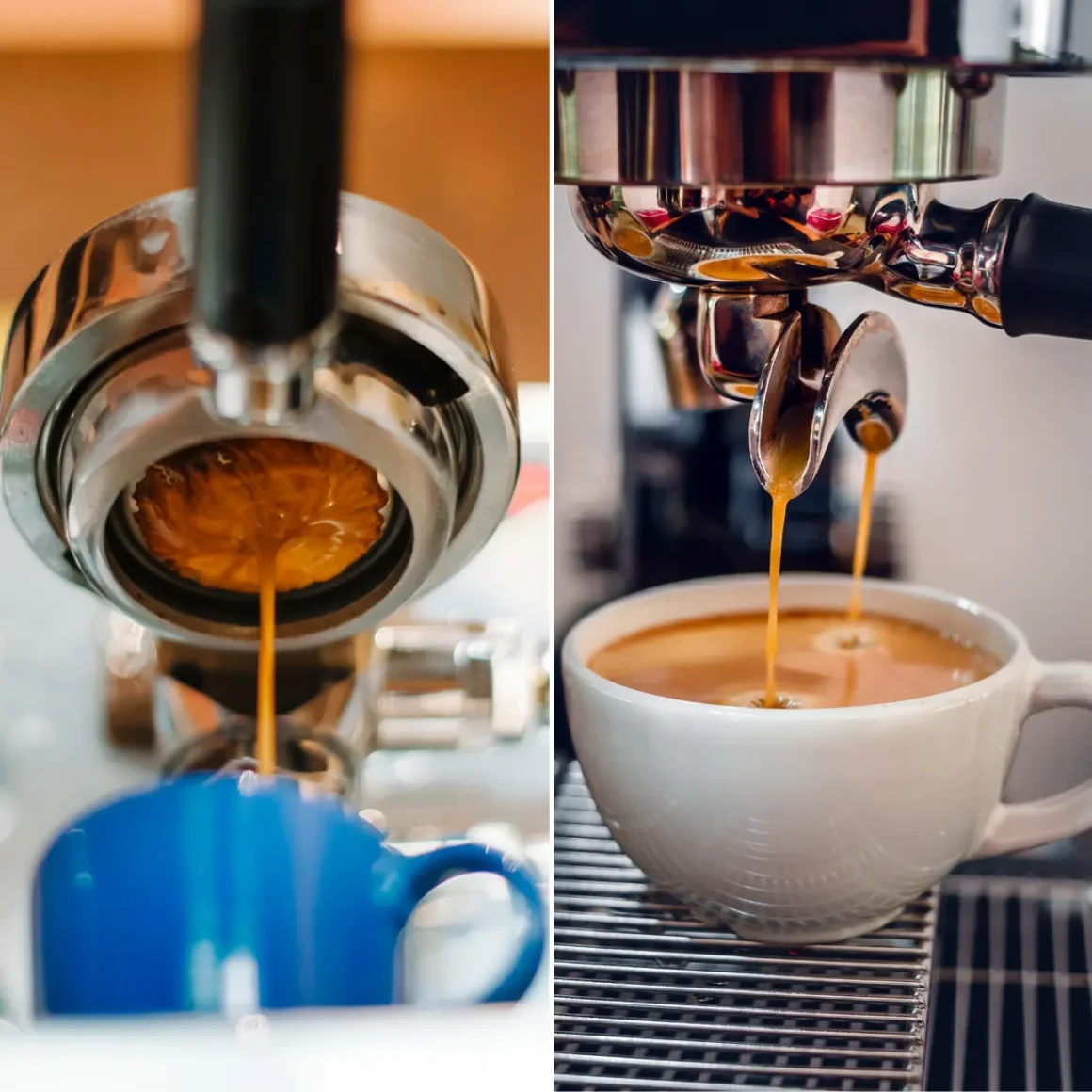 a collage of coffee is being poured into a cup from a bottomless portafilter and a regular portafilter