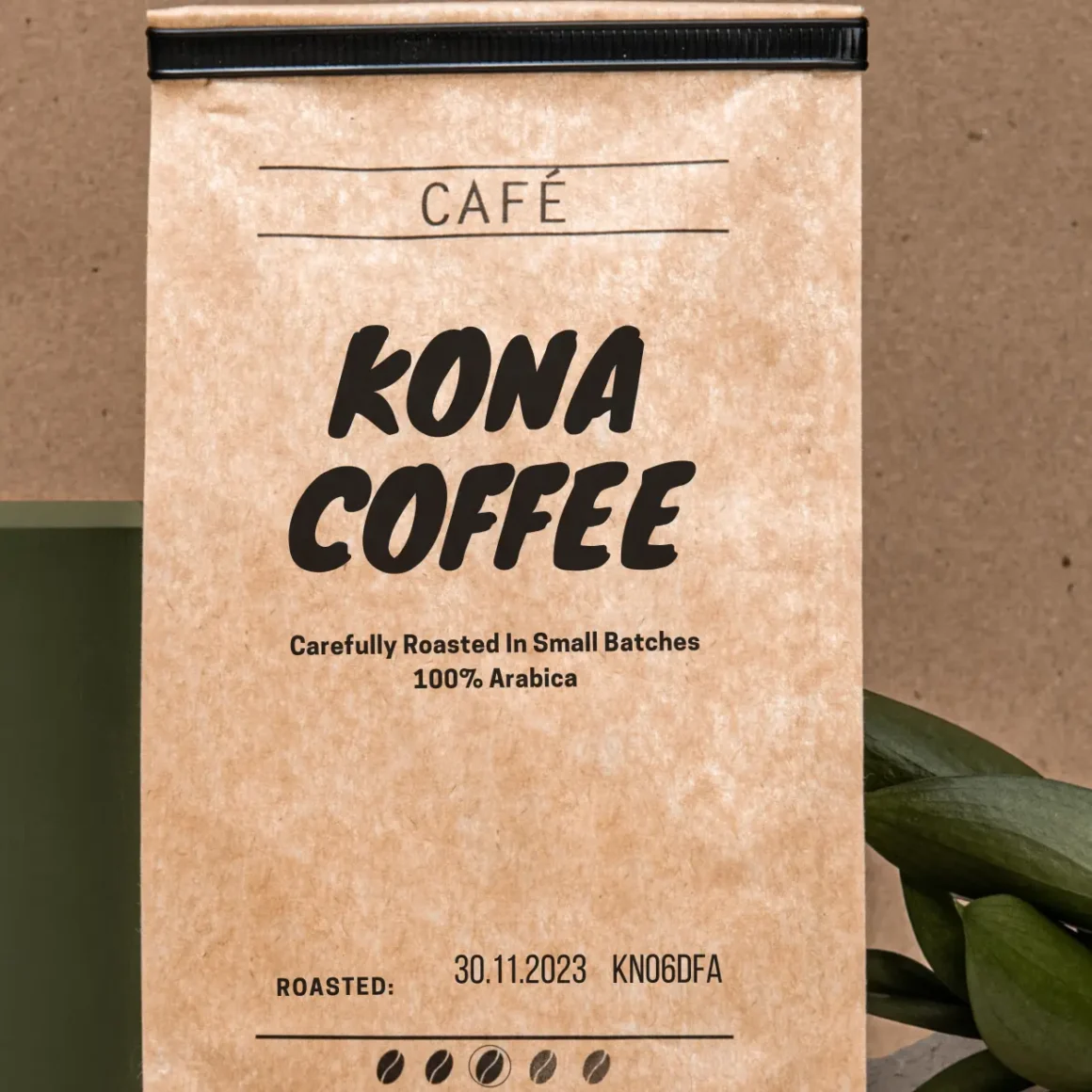 a bag of roasted kona coffee beans