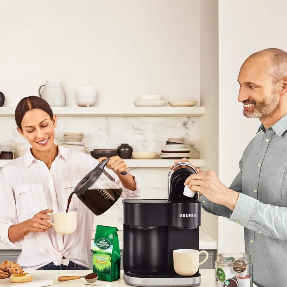 a man and woman pouring coffee into a cup