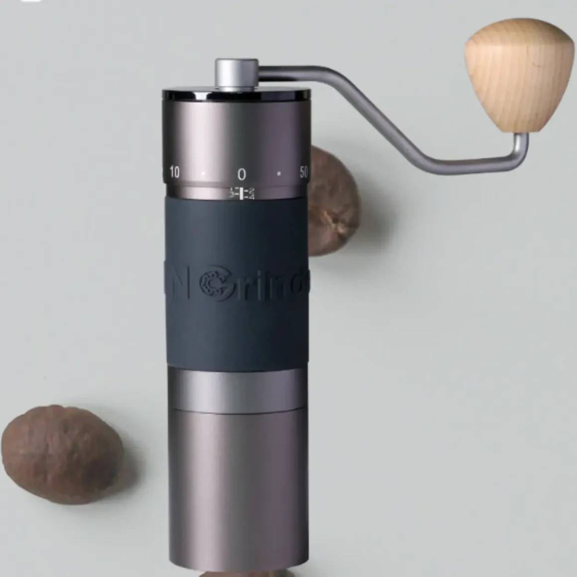 a kingrinder k6 coffee grinder with a wooden handle
