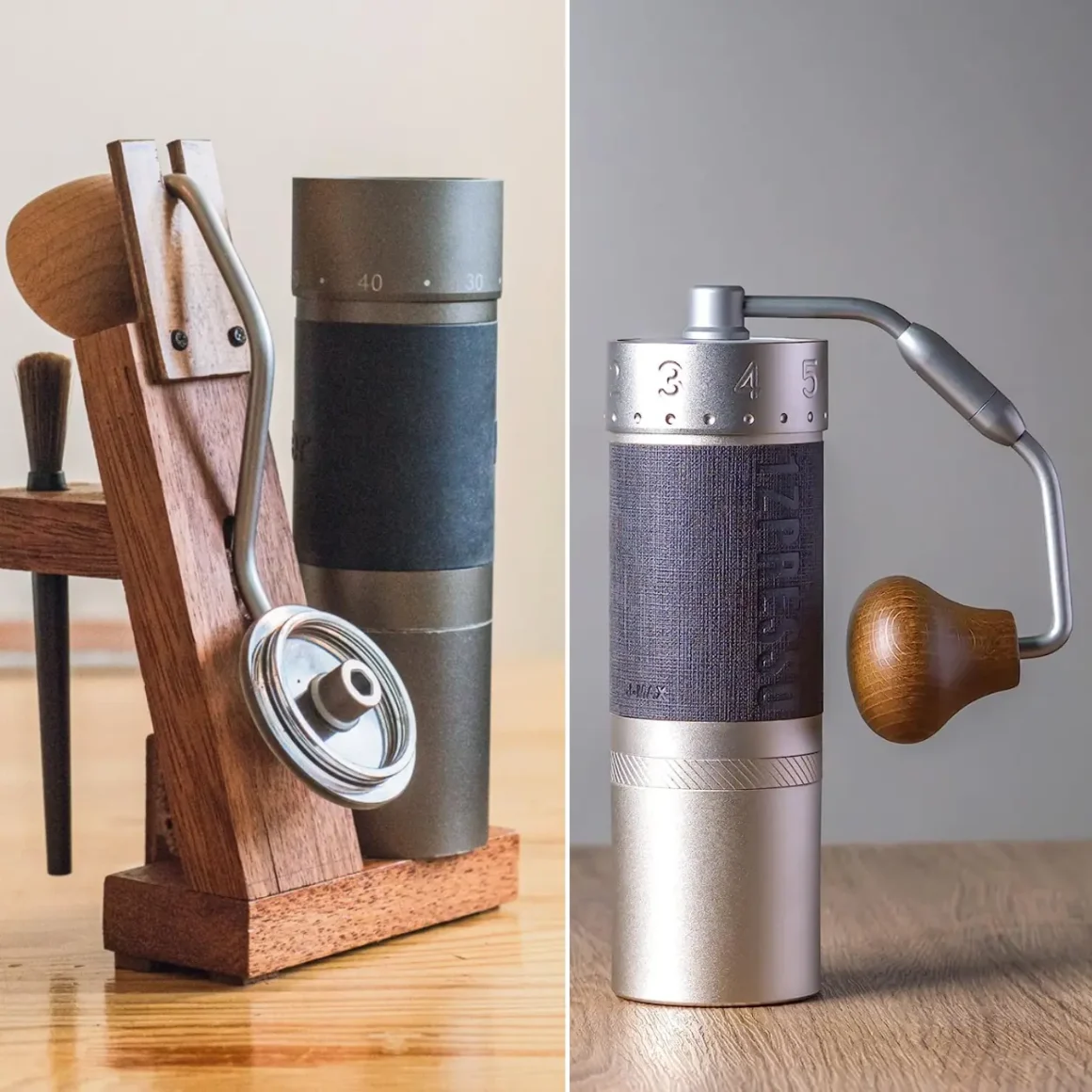 a kingrinder k6 coffee grinder and a 1zpresso x coffee grinder on a table