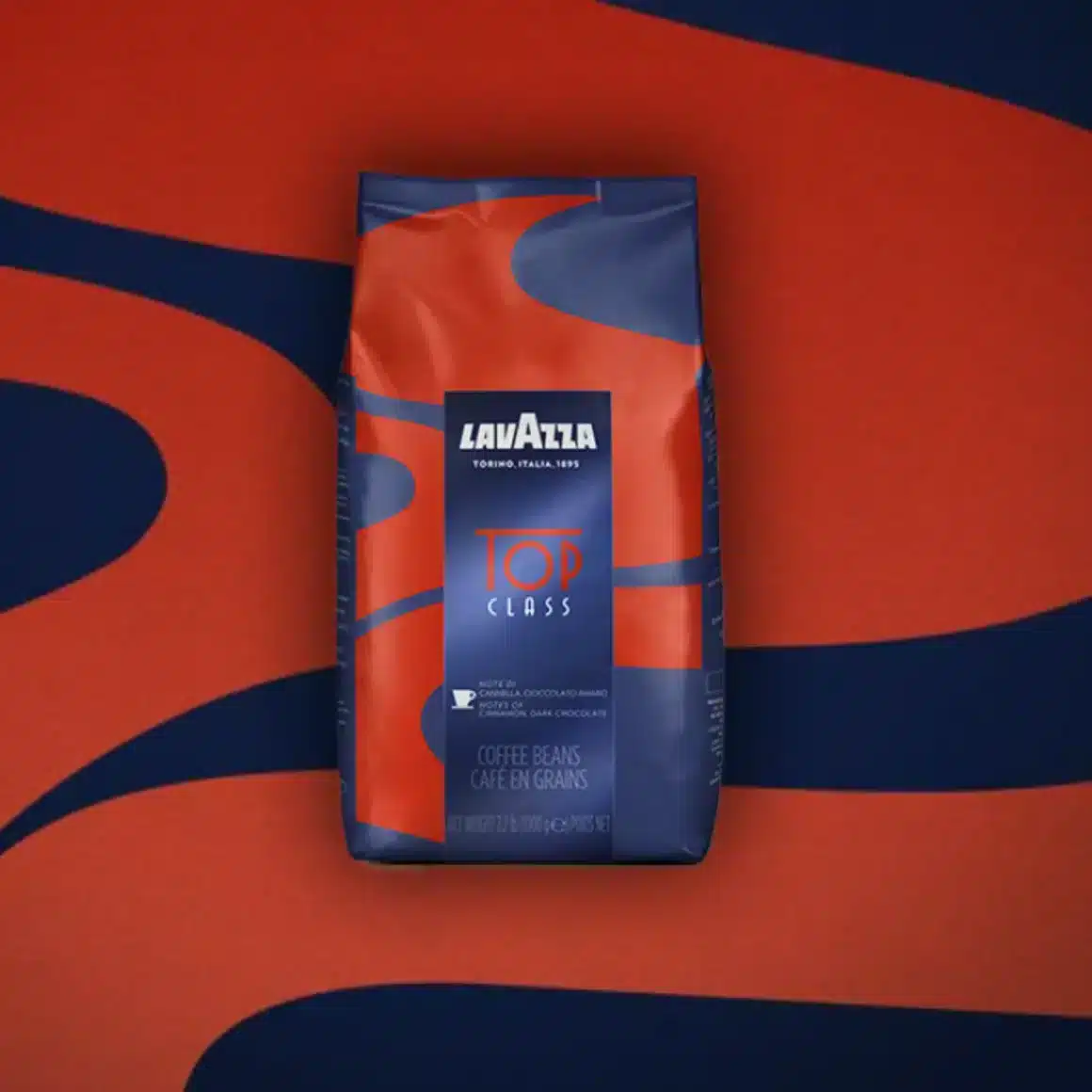 a bag of lavazza top class coffee on a red and blue background