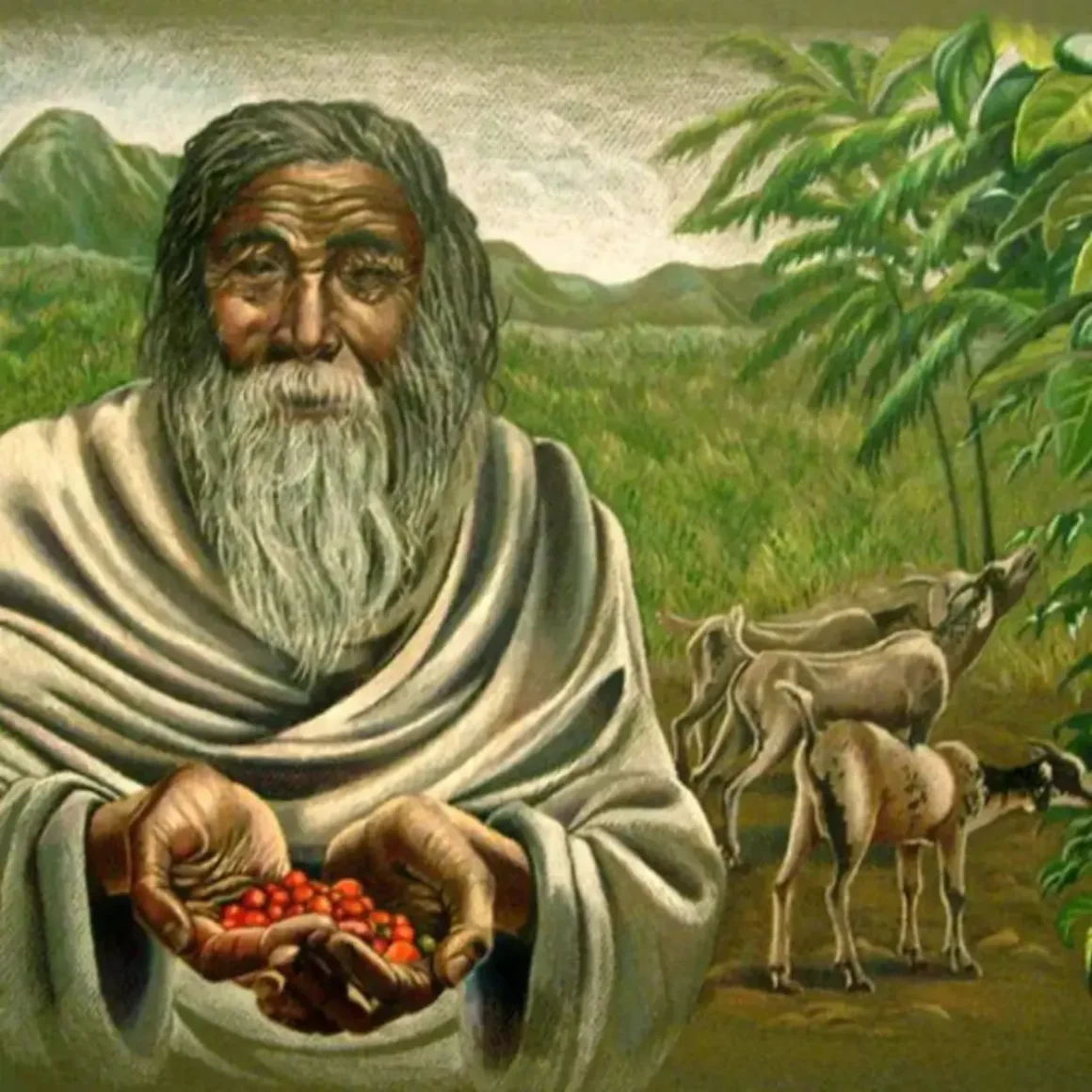 a painting of kaldi the goat herder holding a handful of red berries