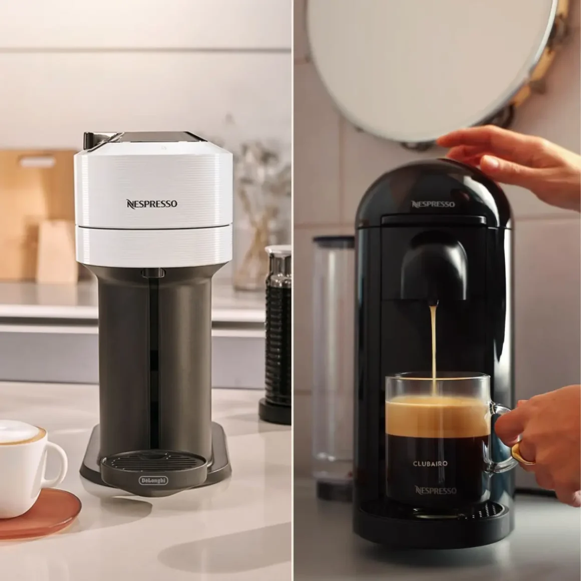 a collage of nespresso vertuo next and vertuo plus model coffee machine