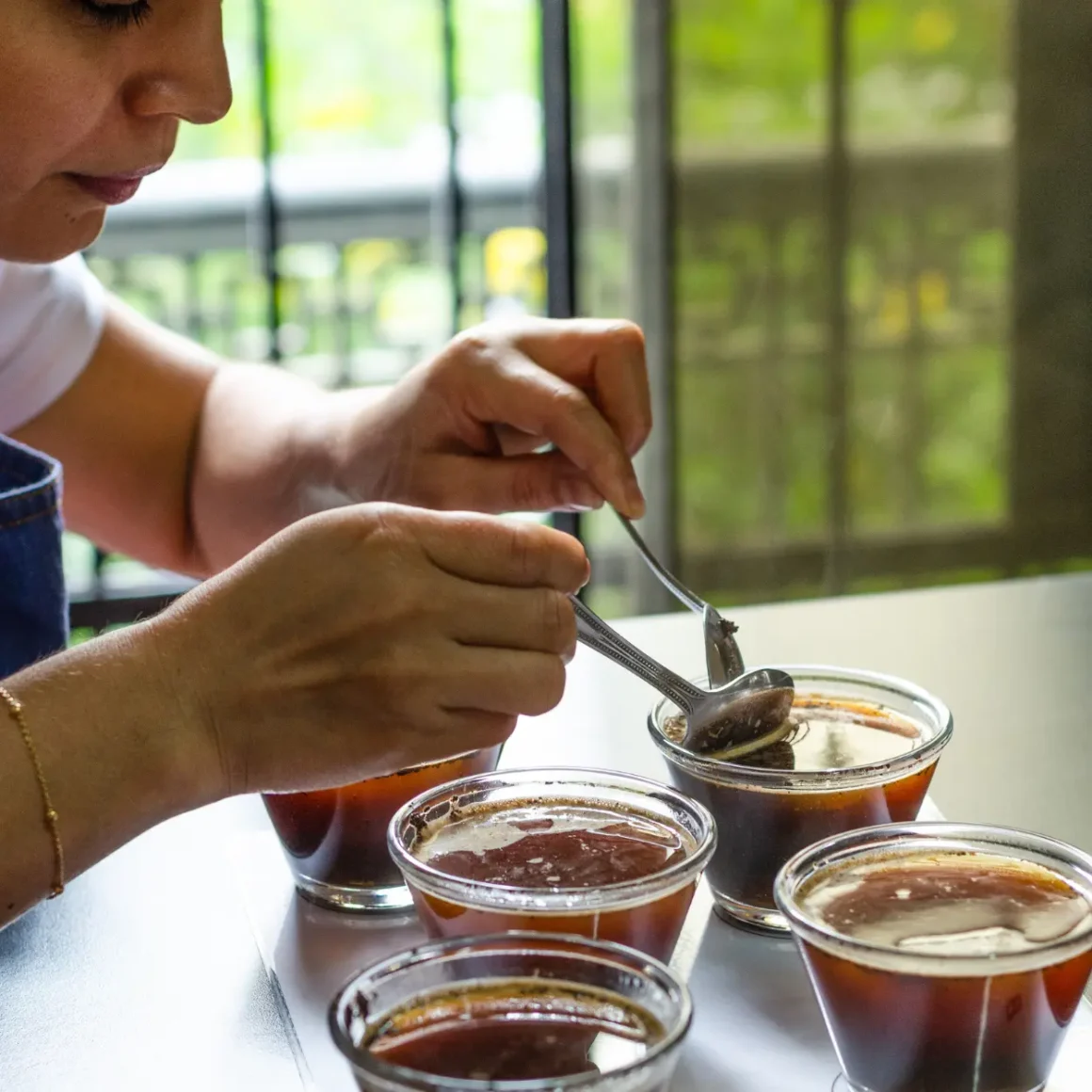 barista holding a spoon over a cup of roasted coffee