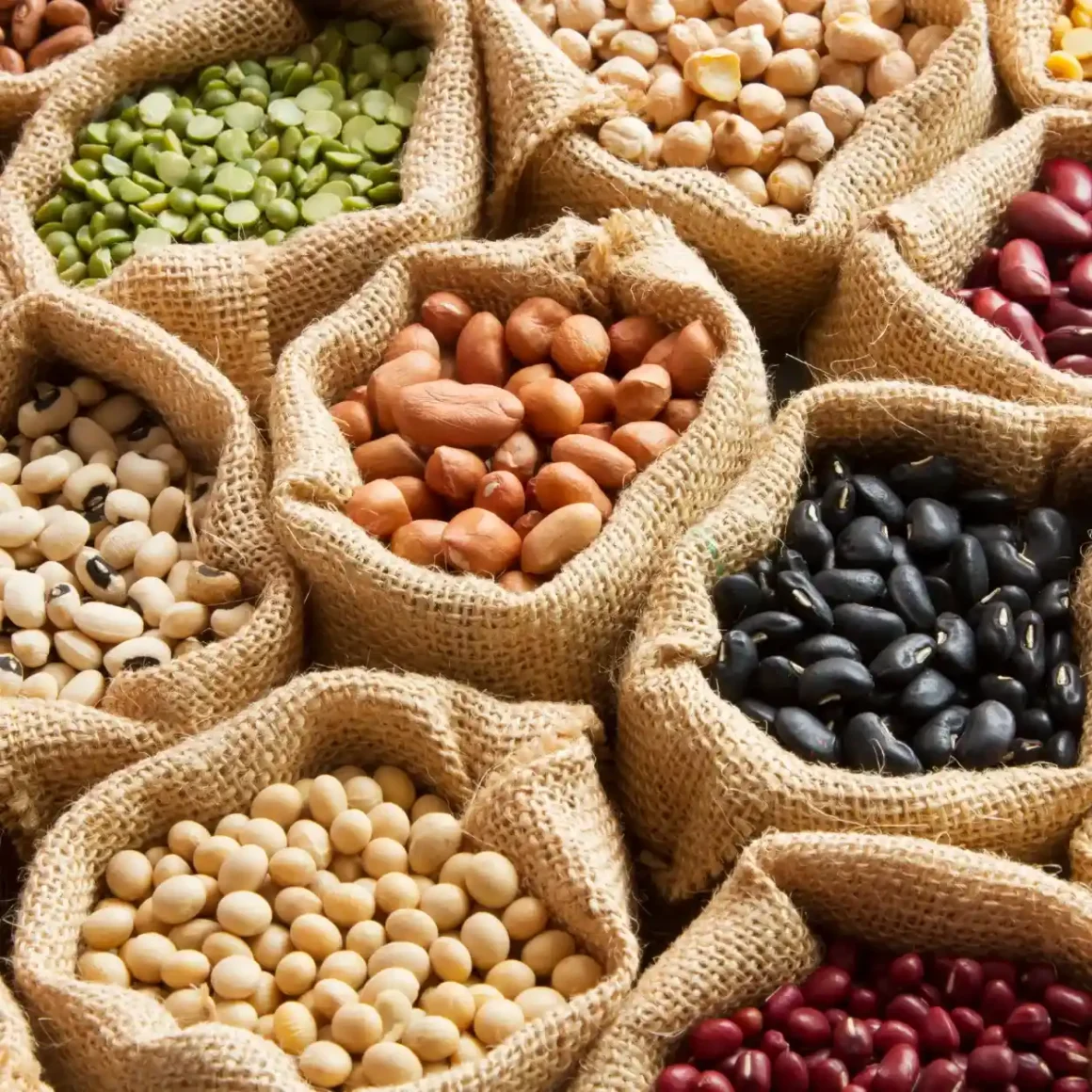 a group of bags of legume beans