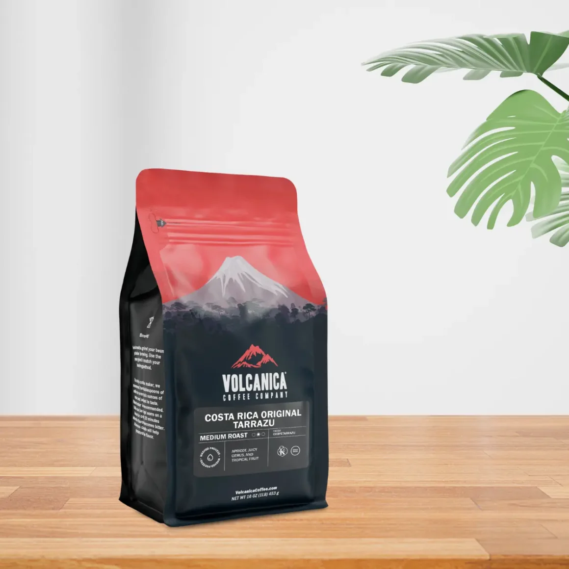 a bag of volcanica single origin tarrazú costa rican estate coffee on a table