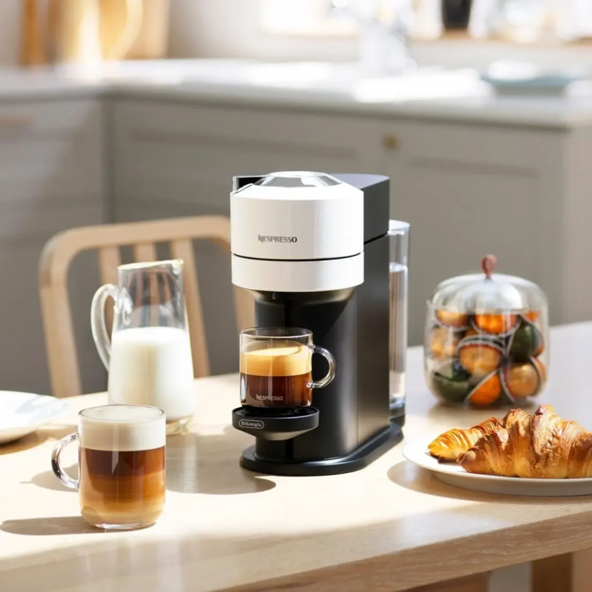 a nespresso vertuo next coffee machine and croissants on a table