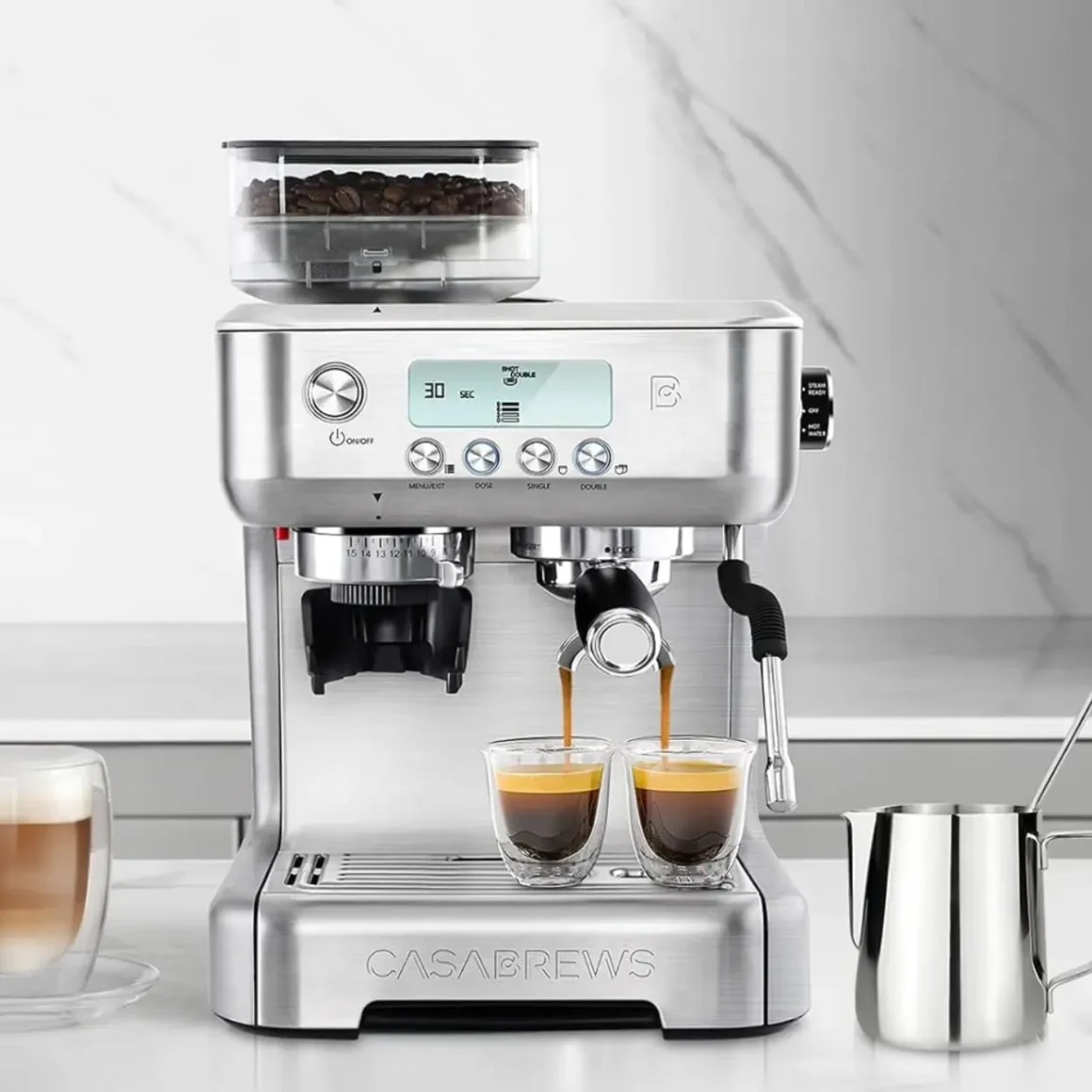 a casabrews 5700 pro espresso machine with two cups of espresso