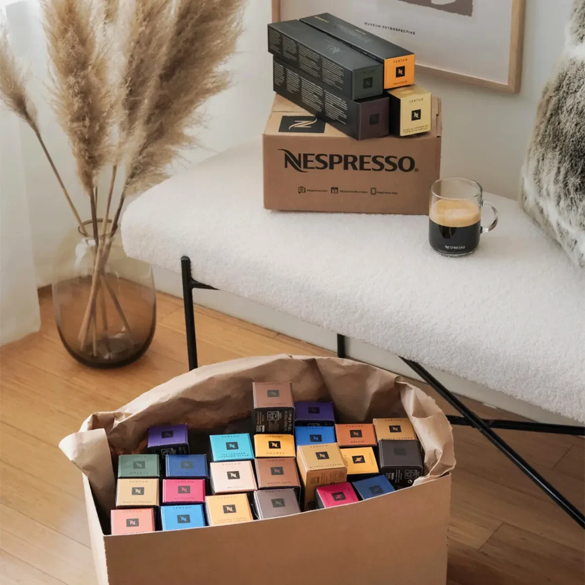 a box of coffee and nespresso pods boxes
