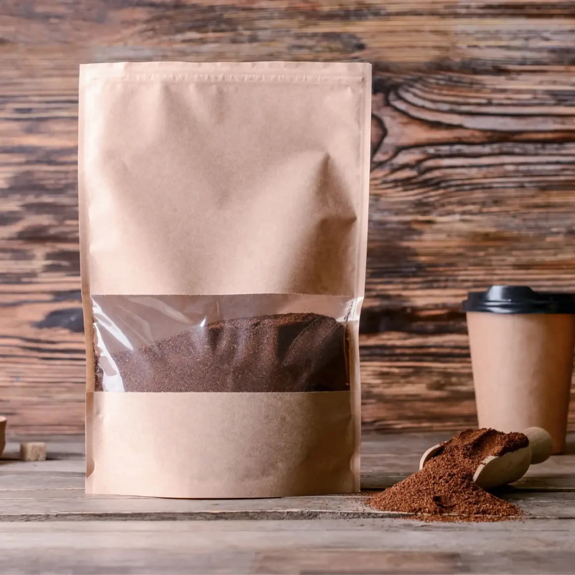 a bag of ground coffee next to a cup of coffee