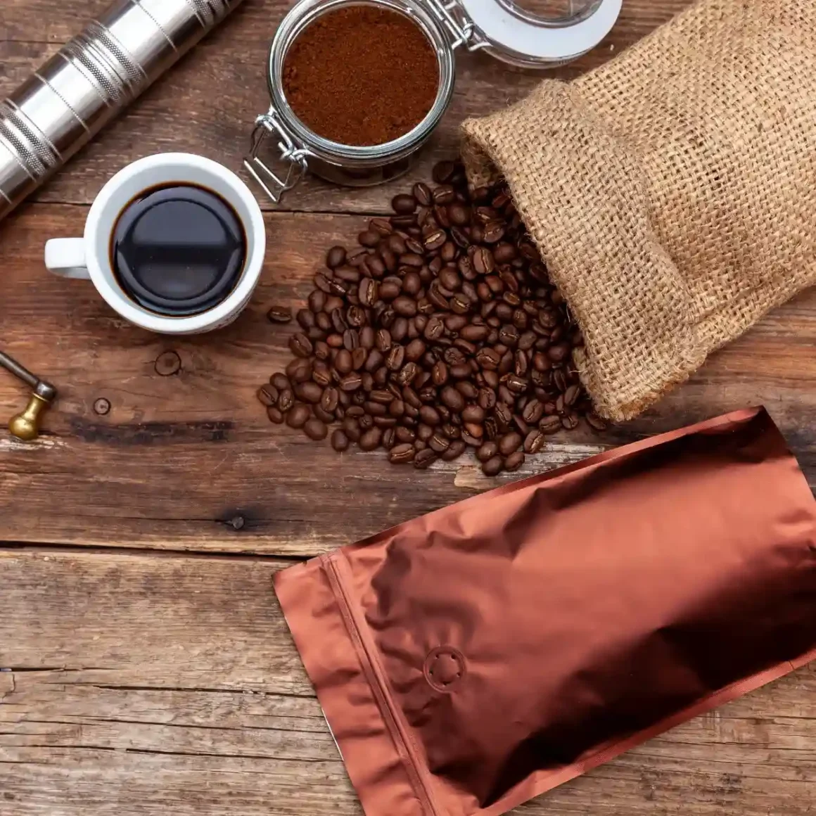 a coffee beans and a bag of coffee
