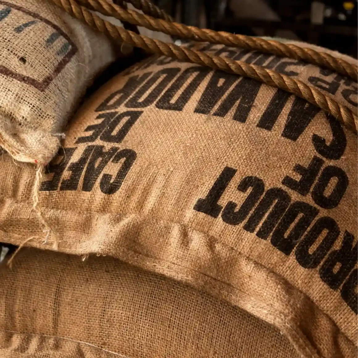 a group of burlap sacks of coffee beans