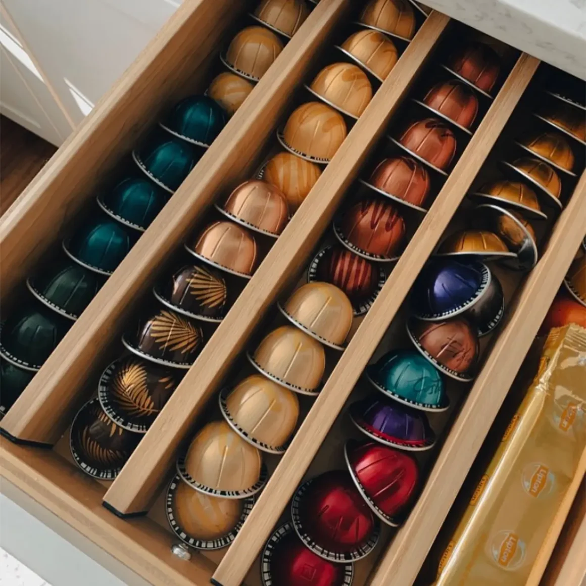a drawer with colorful nespresso pods