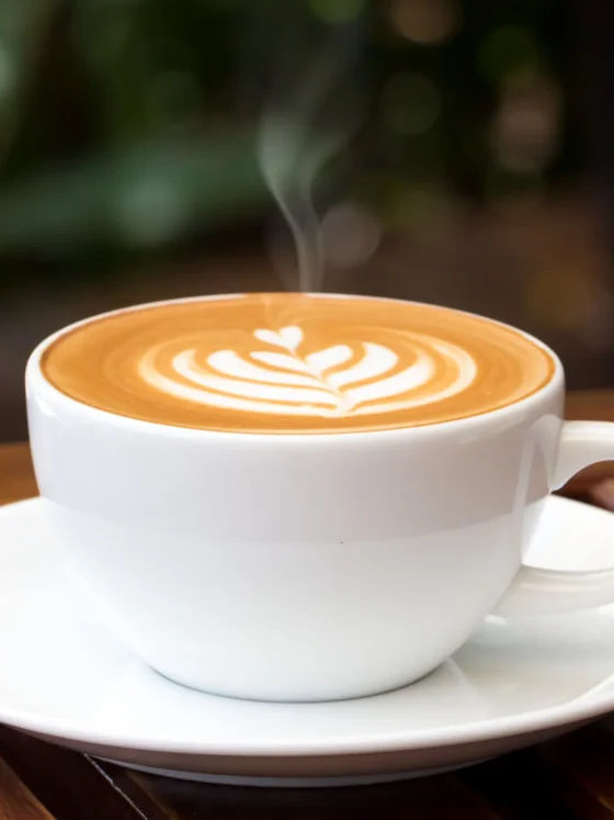a cup of hot latte with a leaf design on top