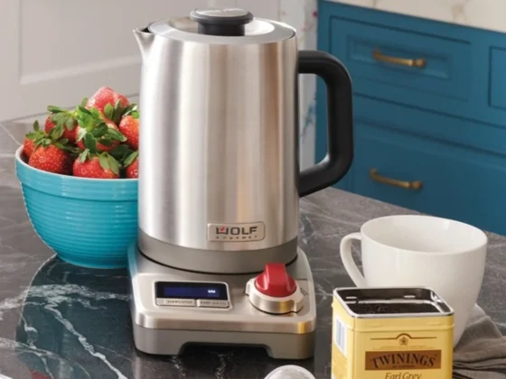 a wolf gourmet true temperature electric kettle and a bowl of strawberries on a counter